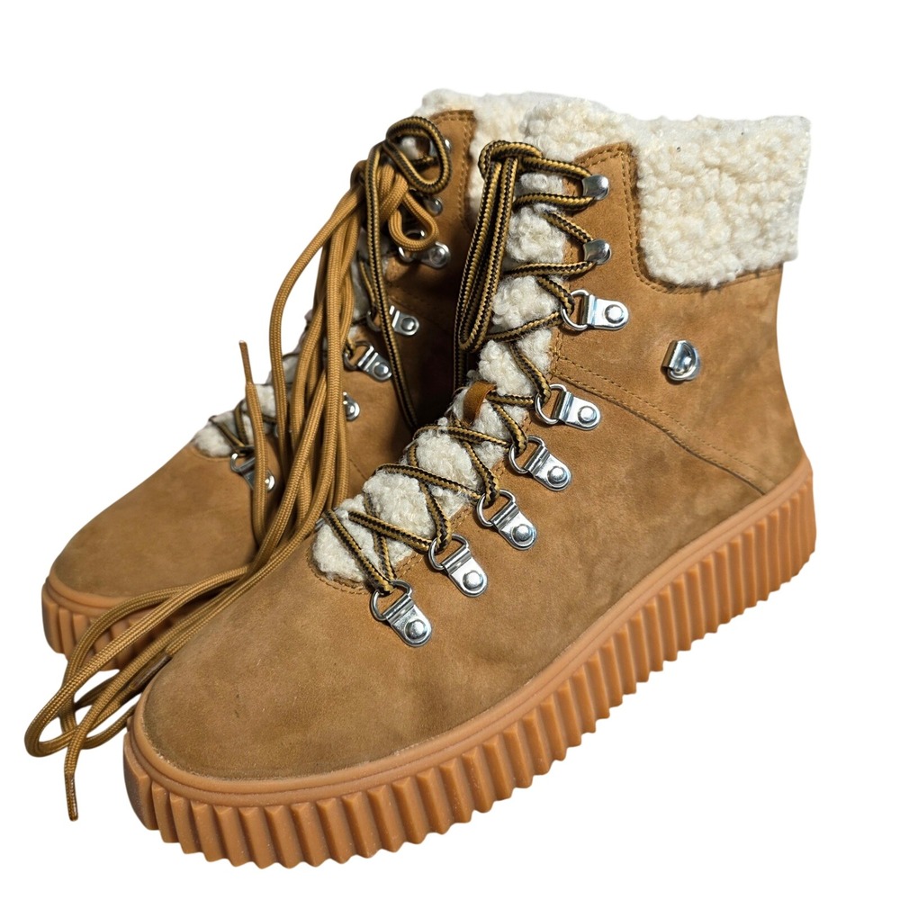 LISA VICKY Women Tan Suede Sherpa Lined Winter Lace Up Hiking Boots Sz 11‎ NEW